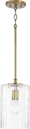 Capital Lighting 341311AD Emerson Transitional Embossed Seeded Glass Cylinder Pendant Light Fixture, 1-Light 100 Watt, 12" H x 7" W, Aged Brass