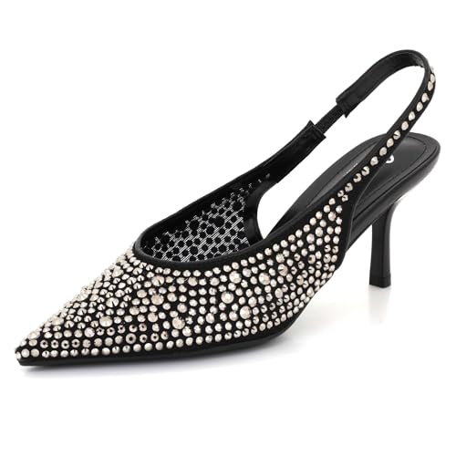 Image of AARZ LONDON Womens Crystal Diamante Slingback Stiletto Heel Sandals Pointed Toe Evening Wedding Party Prom Comfortable Mid Heel Ladies Pumps Black Shoes Size 6 UK 39 EU