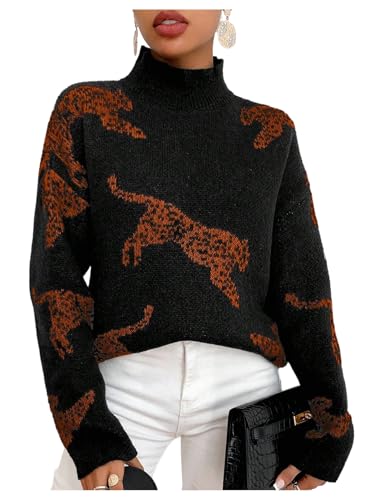Image of WDIRARA Women's Leopard Tiger Print Sweater High Neck Long Sleeve Fuzzy Knitted Pullover Top