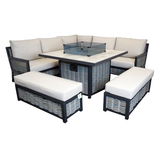 Furnishings For Less UK L Shaped 9 Seater Beige Wooden Rattan Patio Set With Square Fire Pit Table Outdoor Seating (No - Rain Cover) - Image 7