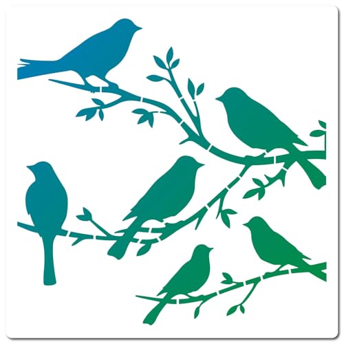 GORGECRAFT Pochoir Oiseau sur Branche 30x30cm Grand Modèle Réutilisable pour Oiseaux Arbre Silhouette de Feuille D'Intérieur Pochoirs en Plastique Pet pour...