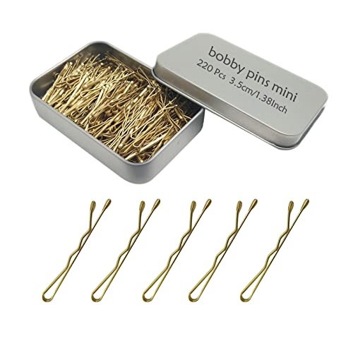 220 Count Mini Wavy 1.38 Inch Blonde Bobby Pins, YINGFENG Small Gold Hair Clips with Storage Box for Updos, Metal Hair Clips for Kids, Girls and Women, Suitable for All Hair Types