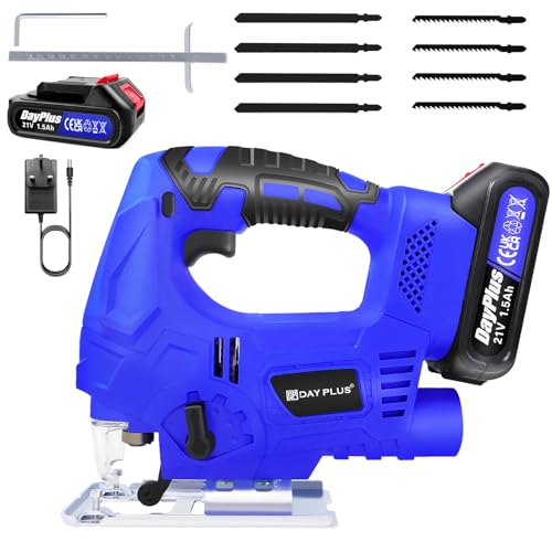 Cordless Jigsaw with Battery and Charger, Upgraded Brushless Motor, Electric Jigsaw 3000 SPM Quick Release with 8 Blades, 4 Orbital & ±45° Adjustable Bevel Cutting, Jig Saw Cordless for Wood Cutting