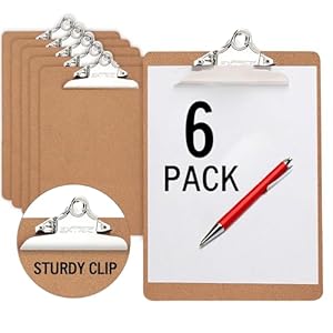 6 Clipboards Standard A4 Letter Size, 9×12.5 inch Wooden Clipboard with 6″ Metal Clip, Hardboard, Ideal for 8.5 x 11 Inch Paper, for Office, School, and Home Use