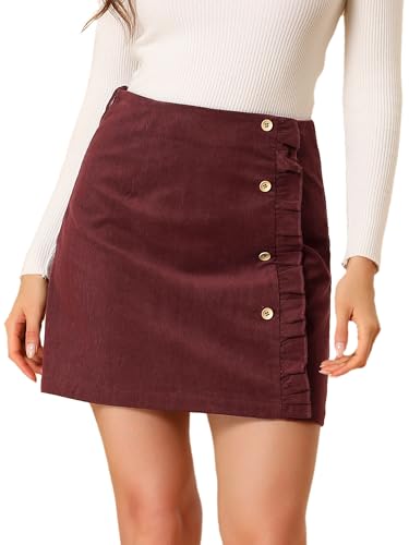 Jupe courte en velours côtelé bordeaux Allegra K taille haute style vintage avec boutons 3XL