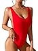 Dixperfect 90s Trend One Piece Swimsuit Low Cut Sides Wide Straps High Legs for Women (M, Red)
