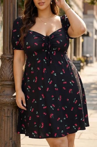 Image of Pinup Fashion Women Plus Size Casual Puff Sleeve Summer Sundress Smocked Short A Line Babydoll Cute Mini Dresses