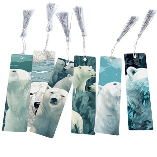 Marque-page ours polaire lot de 6 avec franges textile pour livre et papeterie