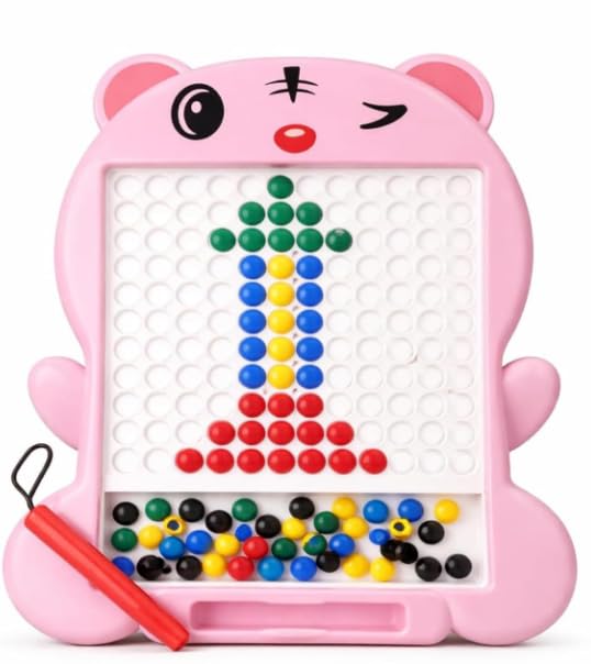 Image of Pink Magnetic Drawing Board for Kids - Magnetic Mosaic Puzzle Board with Color Beads, Magnetic Pen & Pattern Cards - Educational STEM Learning Toy for Kids - (Pack of - 1)