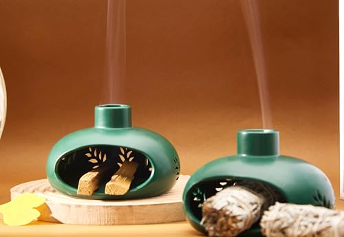4 in 1 Incense Holder for Palo Santo Sticks Sage Bundles Cone Incense, Handcrafted Ceramic Incense Burner Holder with Chimney, Smudge Bowl for Yoga Meditation Aromatherapy Home Décor