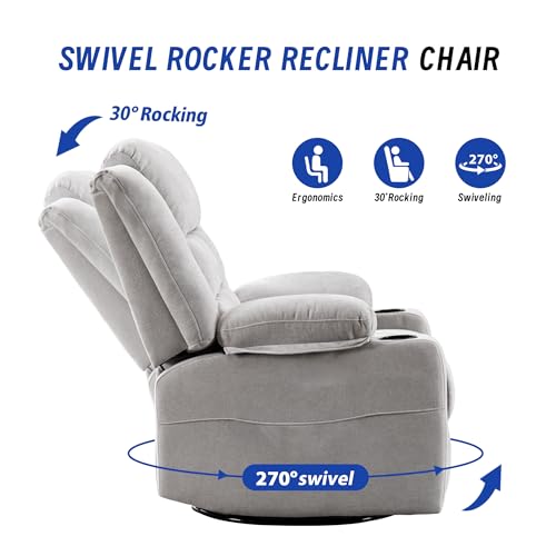 Image of Power Swivel Rocker Recliner Chair with Massage and Heat for Adults,Electric Glider Reclining Single Sofa Chair for Living Room,USB & Type-C Charging Ports, Infinite Position,Grey