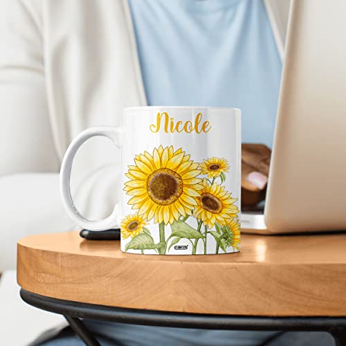 CUBICER Personalized White Ceramic Coffee Mug Mugs Sunflowers Novelty Travel Cups With Custom Name Colorful Floral Drinking Glass Birthday Gifts For Girls Women Kids Flower Lovers 11 and 15 oz