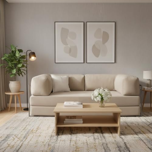 Image of Torque Vegas Three Seater Sofa Cum Bed for Sleeping-Beige | Premium Suede Fabric 3-Seater Double Foam Fold Out Sofas Bed | Convertible 3-in-1 Sofa Cuma Bed for Office