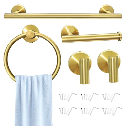 Juego de 5 toalleros de baño, incluye toallero, toallero, toallero, anillo para toallas, acero inoxidable, sin agujeros, autoadhesivo, para cocina (dorado)