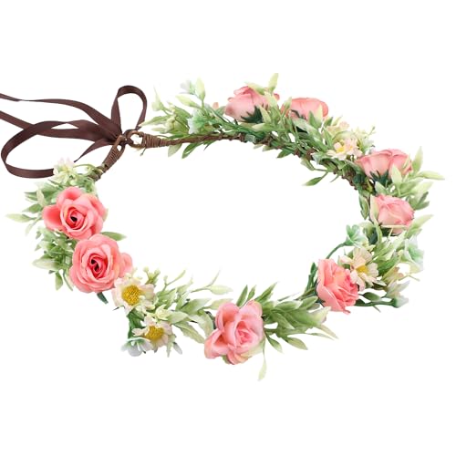KorViSHOW Handmade Fairy Flower Crown - Fashion Pink Flower Headband Mini Rose Hair Wreath Women Girls Floral Headpiece for Wedding Festival Halloween Cosplay