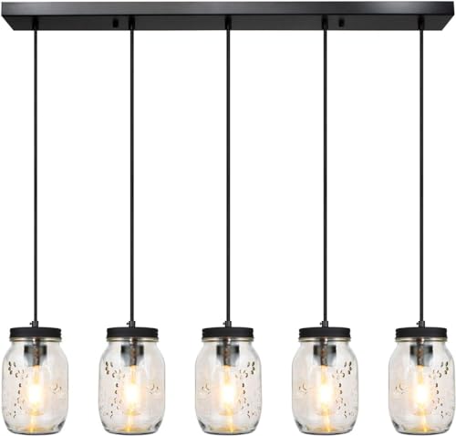 5-Light Glass Mason Jar Light Fixtures, Farmhouse Kitchen Island Pendant