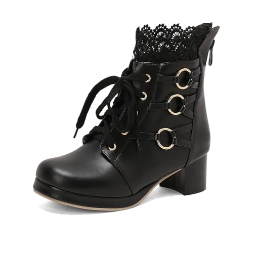 TNMIUH Mujer Botas de Lolita con Encaje, Tacón Cuadrado, Botines Dulces Otoño-Invierno, Cordones y Hebillas Decorativas, Disponible en Rosa, Negro y Blanco,Negro,39 EU