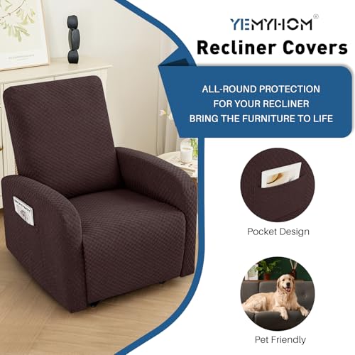 Image of YEMYHOM 3 Pieces Stretch Recliner Slipcover Jacquard Small Recliner Chair Cover with Side Pocket Anti-Slip Fitted Furniture Protector with Elastic Bottom (X-Small Recliner, Dark Coffee)