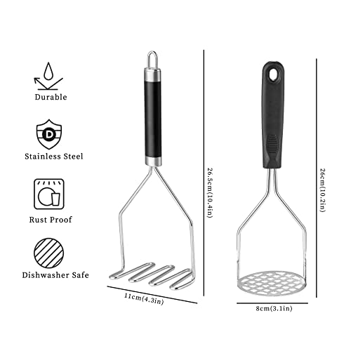 2PCS Potato Masher, OLULU Heavy Duty Stainless Steel Mashed Potatoes Masher, Masher Kitchen Tool for Avocado, Potatoes, Beans, Meat, Vegetables, 10.24inch, Dishwasher Safe
