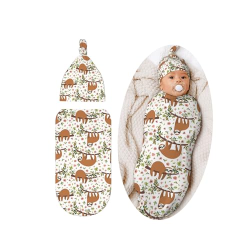 Image of Lcokin Cute Sloth Baby Stuff Swaddle Blanket Hat Set, Soft and Stretchy Newborn Sleeping Sack Receiving Blanket Shower Gift for Boys Girls