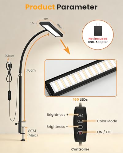 Image of ELEPHANTBOAT 3-Color LED Table Lamp for Study Room, 15.7'' Study Lamp with Flexible Gooseneck USB Wired Desk Light with 10-Level Dimming Aluminum Alloy Lamp Light for Study, Office