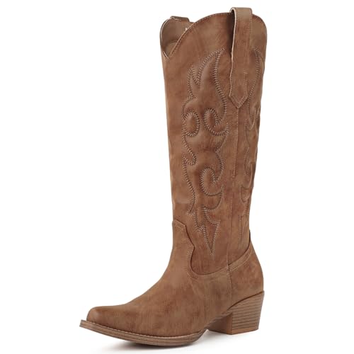 Foscape Dark Brown Cowboy Boots for Women Knee High – Western Cowgirl Boots with Snip Toe, Side Zipper, Padded Embroidery, Chunky Heel, Womens Cowboy Boots for Festival, Daily Wear & Rodeo Size 8