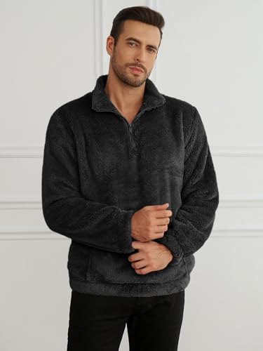 Runcati Mens Fuzzy Sherpa Sweatshirt Quarter Zip Fleece Pullover Winter Fall Warm Outerwear With Kangaroo Pocket4