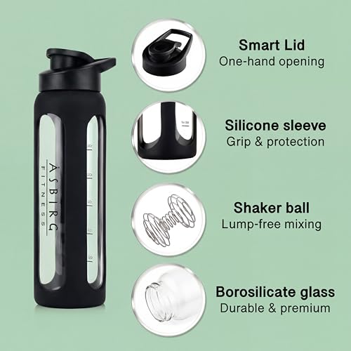 Asbirg Glass Protein Shaker Bottle 700ml â Leakproof & BPA-Free â Borosilicate Glass Gym Shaker with Spiral Mixing Ball for Smooth Protein Shakes, Smoothies, Meal Replacement & Fitness - Black - Image 3
