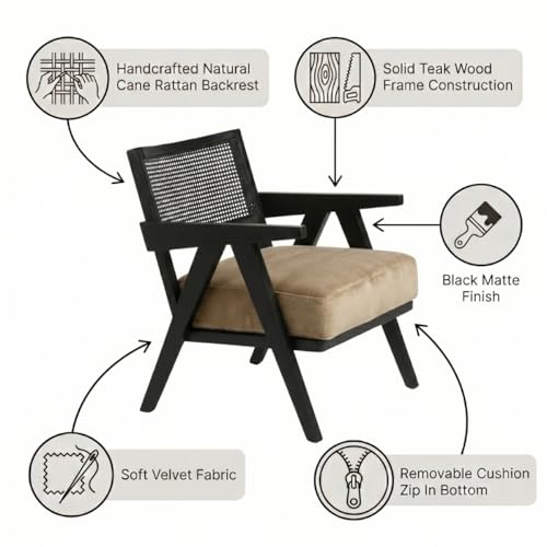 Image of Kingsman Furnitures ABEL Rattan Teak Wood Accent Arm Chair for Home Bedroom, Living, Dining, Drawing Room | Ultra Soft and Comfortable for Stress Free | Removable Cushion (Black Cane- Beige Velvet)