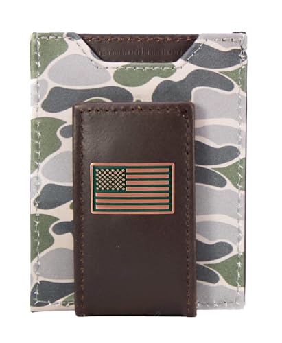 ZEP-PRO USA Flag Men's Magnetic Front Pocket Old School Camo Leather Wallet – Slim Design with Card Slots and Money Clip, Green/Gray Camo