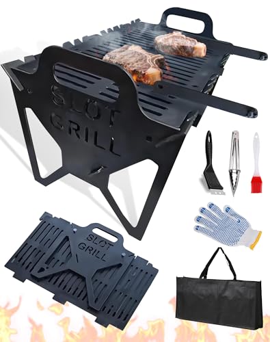 Slot Grill - Barbacoa plegable para fácil almacenamiento, acero, barbacoa de carbón, pequeña para fiestas, viajes, camping