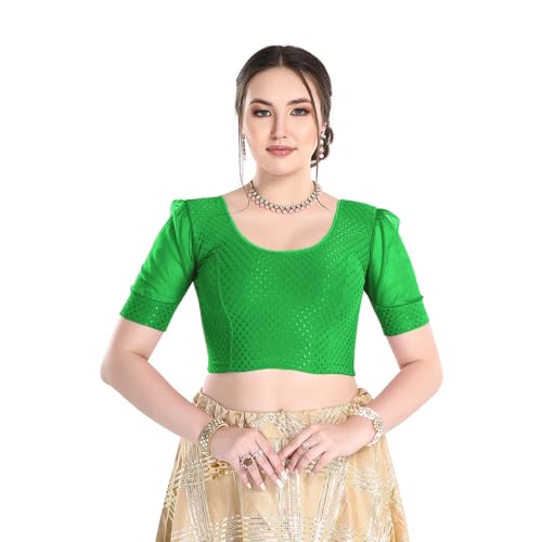 Image of FINESTFIT Stay On Trend Fashion 100% Cotton Readymade Blouses for Women,Round Neckline with Organza Balloon Sleeves.