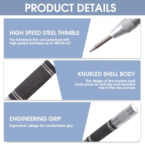 Körner, 2 Stück Automatik Körner Metall, Hochleistungs Körnerwerkzeug mit Einstellbarer Spannung und 4 Ersatzspitzen, Robuster Federbelasteter Körner für Metall, Glas, Holz, DIY-Kunst