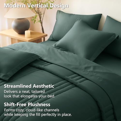 Image of CozyLux Full Size Comforter Sets Forest Green - 7 Pieces Bed in a Bag, Modern Vertical Quilted Room Decor, Soft All-Season Bedding Gift with Comforter, Sheets, Pillowcases & Shams