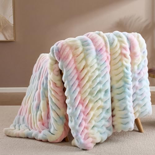 Smoofy Rainbow Throw Blanket for Couch Luxury Faux Rabbit Fur Blanket Ultra Soft Fluffy Plush Fuzzy Lightweight Warm Cozy Blanket for Bed Sofa Colorful Aesthetic Room Decor Gift for Women 50x60
