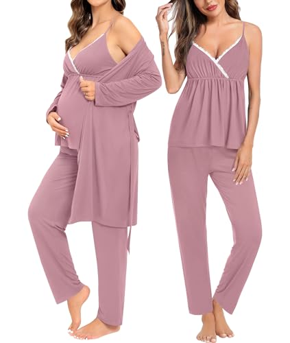 Image of SWOMOG Maternity Nursing Robe Set 3 Piece Breastfeeding Pajamas 3 in 1 Labor Delivery Sleevless Tops&Long Pants Pregnancy Pjs