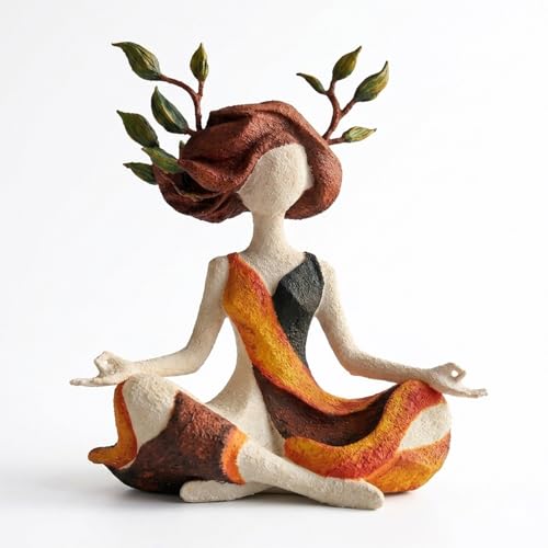 Zen Meditation Goddess Statue with Tree Branch Hair - Abstract Yoga Figurine for Home Office Decor, Tree of Life Lady Sculpture, Mindfulness Spiritual Gift, Earthy Tone Resin Art (Green Leaves)