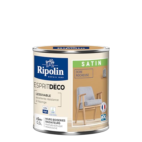 RIPOLIN - Peinture Intérieure Multi-Supports – Murs, Boiseries & Radiateurs – Ultra Couvrante – Lessivable – Application Facile – Ecolabel - Satin - 0,5L - Ocre Rocheuse