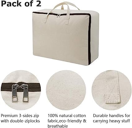 Image of TAKIVA Cotton Canvas Foldable Bed Storage Organizer Pack Of 4 | Quilt Storage Bags Big Size, Blanket Storage Of Extra Large, Underbed Storage Bag For Clothes (60 X 45 X 22 Cm), Off-White