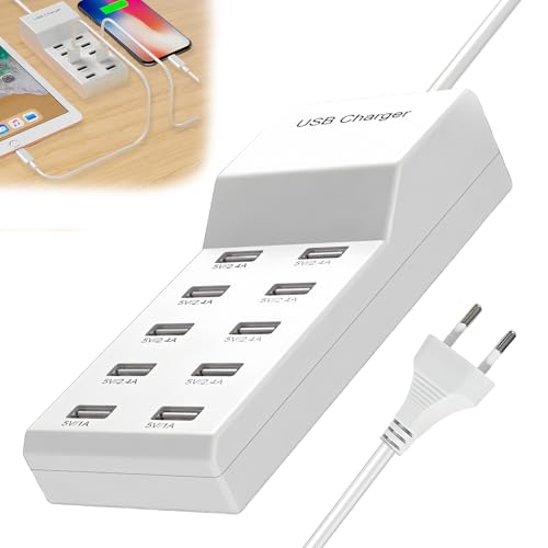 GOEDCH Cargador USB múltiple: USB-A USB estación de carga múltiples dispositivos, 5 V/10 A 50 W, cargador USB de 10 puertos, fuente de alimentación para iPhone 15/14/13/12 Pro Max, iPad, Samsung