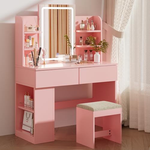 Airfish Coiffeuse avec Miroir LED et Tabouret, Lumière Réglable, Table de Maquillage avec 4 Étagères et 2 Tiroirs, Meuble Chambre avec Rangement Latéral...