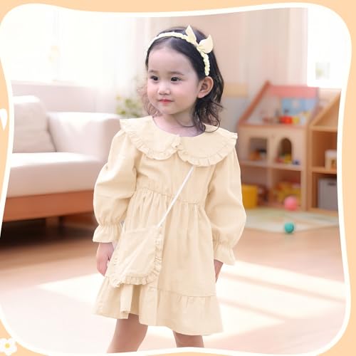 Play Tailor Toddler Fall Dress with Bag Girls Long Sleeve Outfits Ruffle Dress Casual Spring Fall Clothes for Baby Girls, Beige, 3-4T