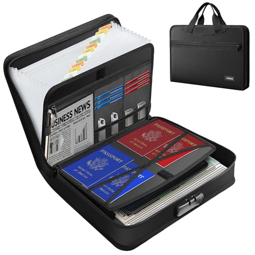 JUNDUN Feuerfeste Dokumententasche mit Schloss und Griff, Fächermappe A4 mit 13 Fächern und Reißverschluss, Dokumentenmappe mit mehreren Tasche und Etiketten für A4-Dateien | Wertsachen und mehr