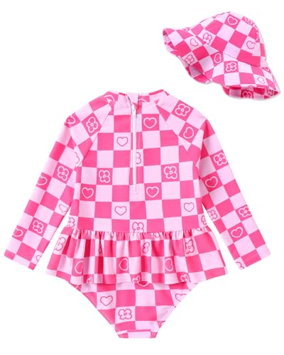 Image of Redair Toddler Girls One Piece Swimsuit Long Sleeve Bathing Suit with Hat UPF 50+ Sun Protection 1-5T