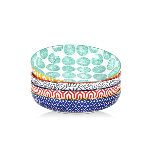 Selamica Ceramic Pasta Bowls Set of 4, 34 OZ Salad Bowls, 8.6 Inch Wide and Shallow Bowls, Microwave & Dishwasher Safe, Assorted Colors