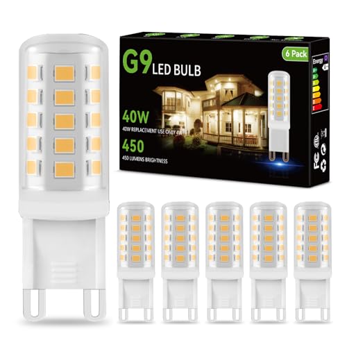 dalattin G9 LED Light Bulbs, 3000K Soft Warm White G9 Base Bulbs 4W, 40 Watt T4 G9 Halogen Equivalent, 120V No-Flicker, 450LM, 360° Beam Angle, Non-dimmable Home Chandelier Light Bulbs, 6 Pack