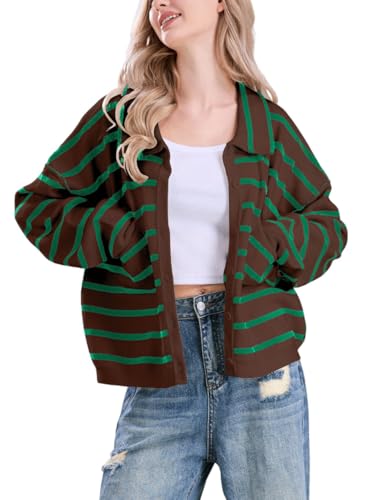 Image of chouyatou Women's Button Down Striped Cardigan Sweater Polo Collar Open Front Knit Jacket 2024 Fall Outfits