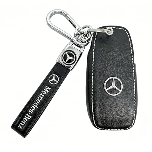 Leather Key Fob Cover for Mercedes-Benz, Full Protective Case with Metal Keychain, Compatible with C E R S G S CLS CLK GLC ML GLE GLS SL SLR McLaren AMG Remote Key,(3 Button) A-Black