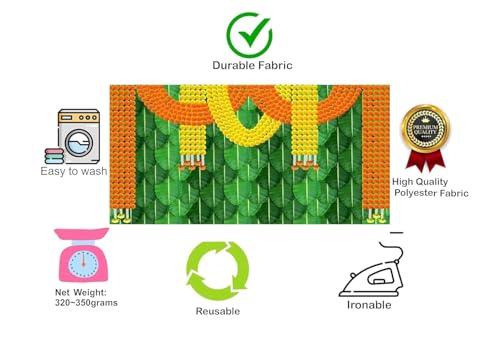 Image of Ganesh Decoration Cloth Backdrop for Pooja Ganesh Backdrop Curtain with Banana Leaves Flowers (Design 8, 8X5)