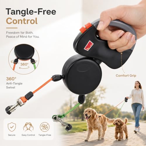 Laisse Double pour 2 Chiens, Laisse Chien Enrouleur 3 m avec Corde Rétractable, Double Laisse Extensible pour Petits Chiens, Gros Chiens et Animaux de Compagnie